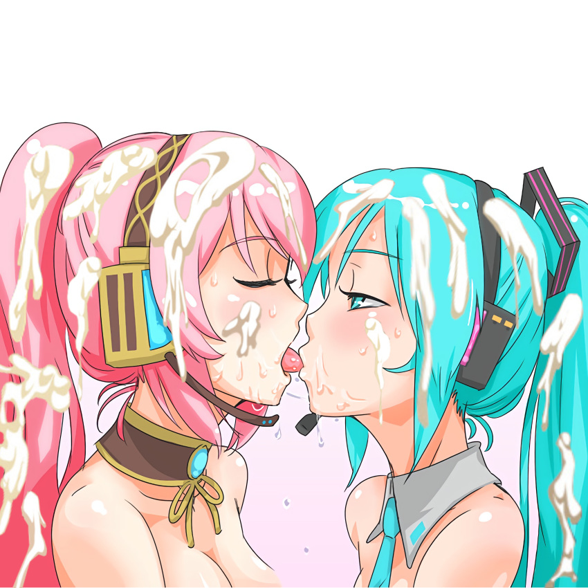 blush cum_on_face cum_on_hair edit green_eyes green_hair hair_ornament hatsune_miku headphones megurine_luka necktie neckwear pink_hair ponytail sucking_tongue thick_cum vocaloid yuri