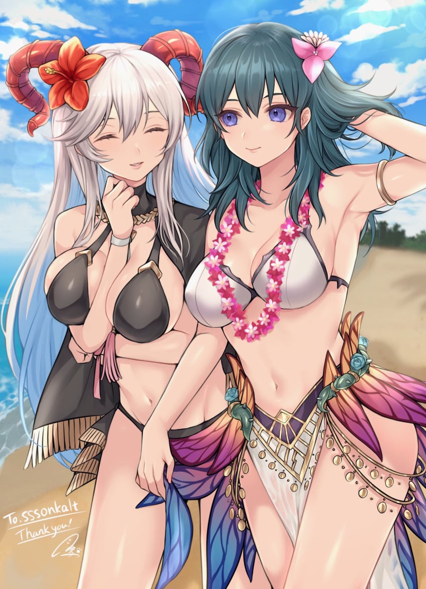 2girls alternate_costume black_bikini black_swimsuit blue_eyes byleth_(fire_emblem) byleth_(fire_emblem)_(female) byleth_(summer)_(fire_emblem)_(female) cleavage colored_inner_hair costume_switch female female_only fire_emblem fire_emblem:_three_houses fire_emblem_heroes flower_necklace freyja_(fire_emblem) freyja_(summer)_(fire_emblem) large_breasts long_hair multiple_girls nintendo official_alternate_costume outfit_swap shimizu_akina smile swimsuit teal_hair very_long_hair white_bikini white_swimsuit