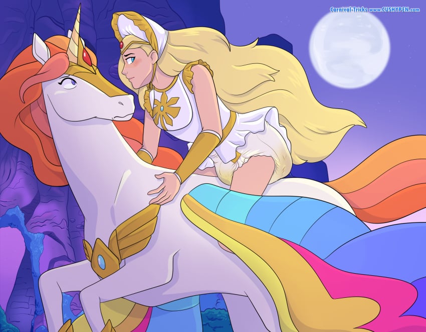 1boy 1girls abdl adora alicorn armor blonde_female blonde_hair blue_eyes blush bonnet bracer bright_moon diaper dress embarrassed equine female female_focus horse horse_riding lace light-skinned_female light_skin long_hair looking_back messy_diaper moon pegasus platinum_blonde_hair scat shadowpelt she-ra she-ra_and_the_princesses_of_power skirt soiling soiling_diaper swift_wind tiara unicorn url very_long_hair white_diaper white_dress white_skirt