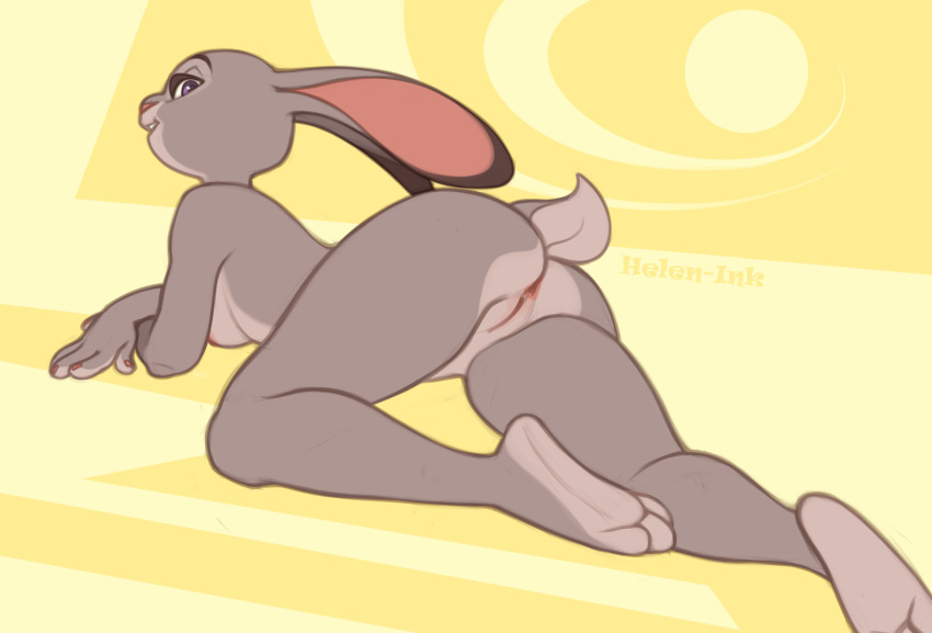 2022 3_toes 4_fingers anthro anus artist_name ass black_body black_fur breasts digital_media_(artwork) disney feet female fingers fur furry furry_only genitals grey_body grey_fur half-closed_eyes helen-ink hi_res judy_hopps lagomorph leporid long_ears looking_at_viewer looking_back looking_back_at_viewer lying mammal multicolored_body multicolored_fur naked narrowed_eyes nipples nude on_front pink_nipples pink_nose presenting presenting_hindquarters purple_eyes pussy rabbit rear_view scut_tail short_tail side_boob simple_background small_breasts smile solo tail toes white_body white_fur yellow_background zootopia