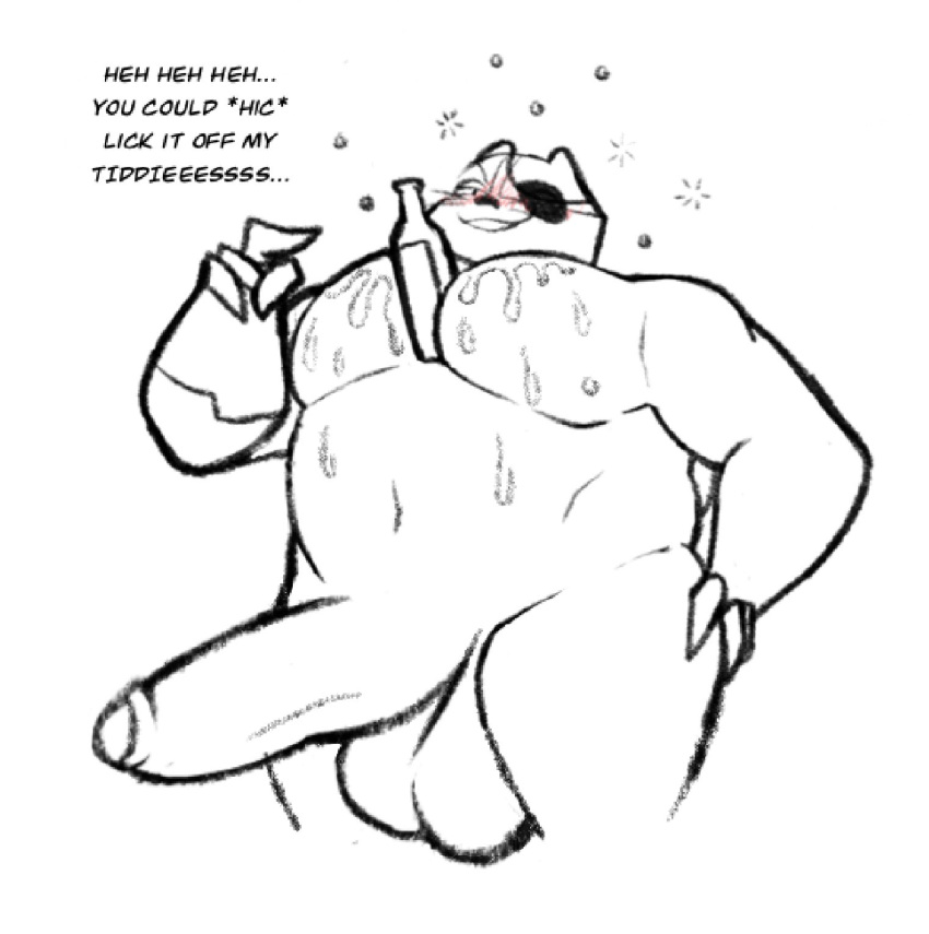 alcohol anthro badger badgerclops balls belly beverage big_penis blush bottle capartist cartoon_network claws english_text erection eye_patch eyewear flirting foreskin genitals hi_res huge_cock hyper hyper_genitalia hyper_penis male mammal mao_mao:_heroes_of_pure_heart musclegut mustelid musteline pecs penis text