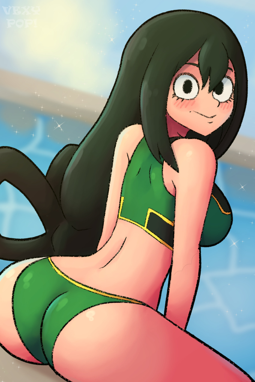 1girls ass breasts eye_contact female female_focus female_only long_hair looking_at_viewer looking_back my_hero_academia solo thighs tsuyu_asui vexypop