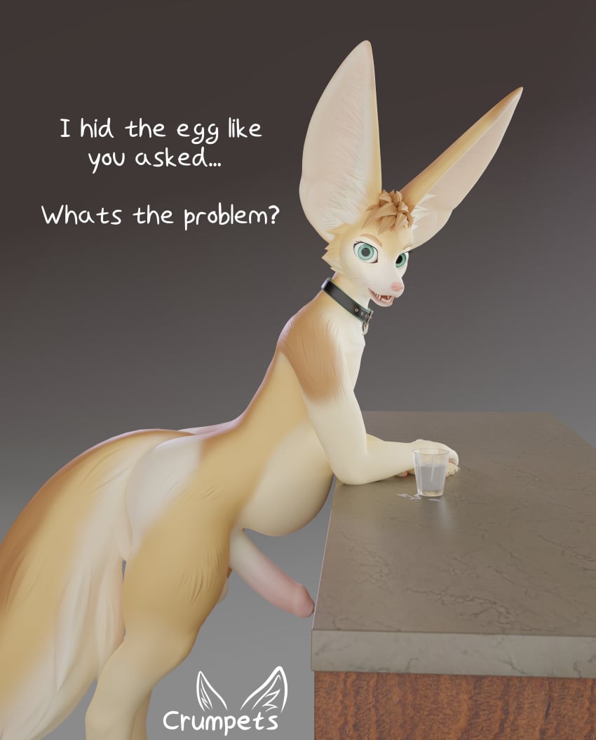 3d 3d_(artwork) absurd_res anthro belly big_belly bodily_fluids canid canine crumpets_(sabotfennec) cum cum_in_a_cup dialogue digital_media_(artwork) easter egg egg_bulge egg_hunt egg_insertion english_text fennec foreskin fox genital_fluids genitals hi_res holidays male male_only mammal penis solo solo_male stomach_bulge text