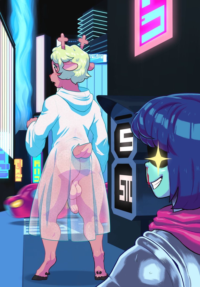 1boy accidental_exposure ambiguous_gender anthro antlers ass balls blonde_hair blue_eyes blue_skin blush car chromamorph city deltarune exhibition exhibitionism gay gender_bender genderswap genderswap_(ftm) heart-shaped_butt hi_res high_resolution highres hooves horn horns horns_and_hooves human human_on_anthro kris_(deltarune) looking_back male male_anthro male_focus muscular muscular_male night no_panties no_underwear noelle_holiday outside penis penis_out red_nose reindeer reindeer_antlers road robe rule_63 sci-fi science_fiction see-through see-through_clothing short_hair short_tail smiling smiling_at_another star-shaped_pupils tail unintentional_exhibitionism white_robe yaoi