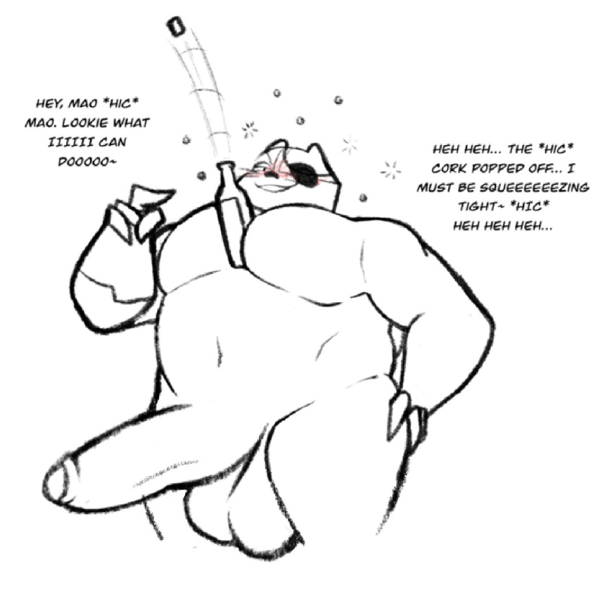 alcohol anthro badger badgerclops balls belly beverage big_penis blush bottle capartist cartoon_network claws english_text erection eye_patch eyewear flirting foreskin genitals hi_res huge_cock hyper hyper_genitalia hyper_penis male mammal mao_mao:_heroes_of_pure_heart musclegut mustelid musteline pecs penis text