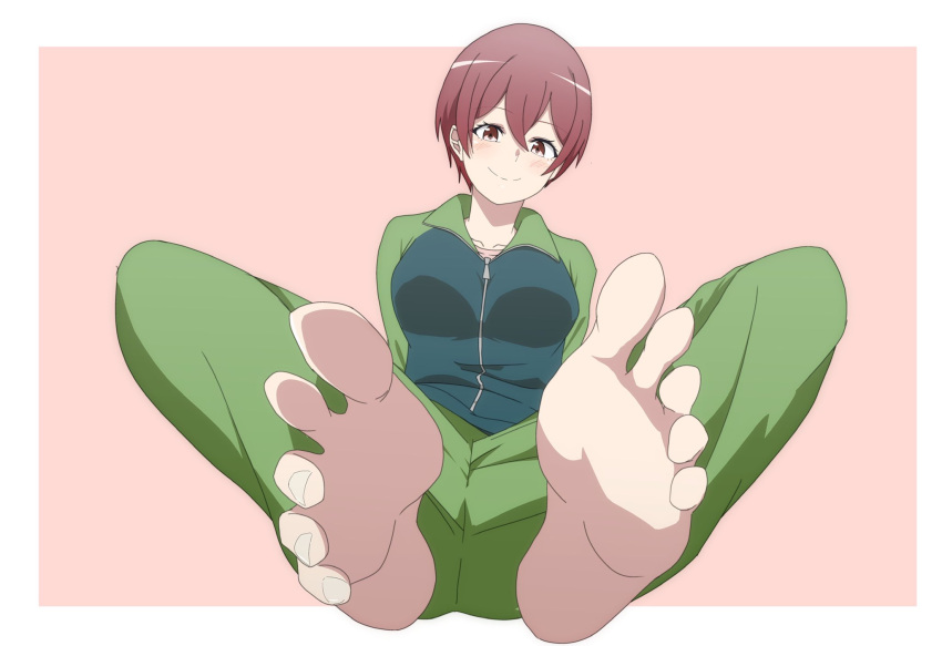 1girls barefoot blush blushing border feet feet_up female female_only foot_fetish foot_focus footjob_invitation imminent_footjob light_skin looking_at_viewer my_teen_romantic_comedy_snafu pants red_eyes red_hair sagami_minami shirt simple_background sitting smell smile soles solo spread_toes ze_r0_ze_r0 zipper