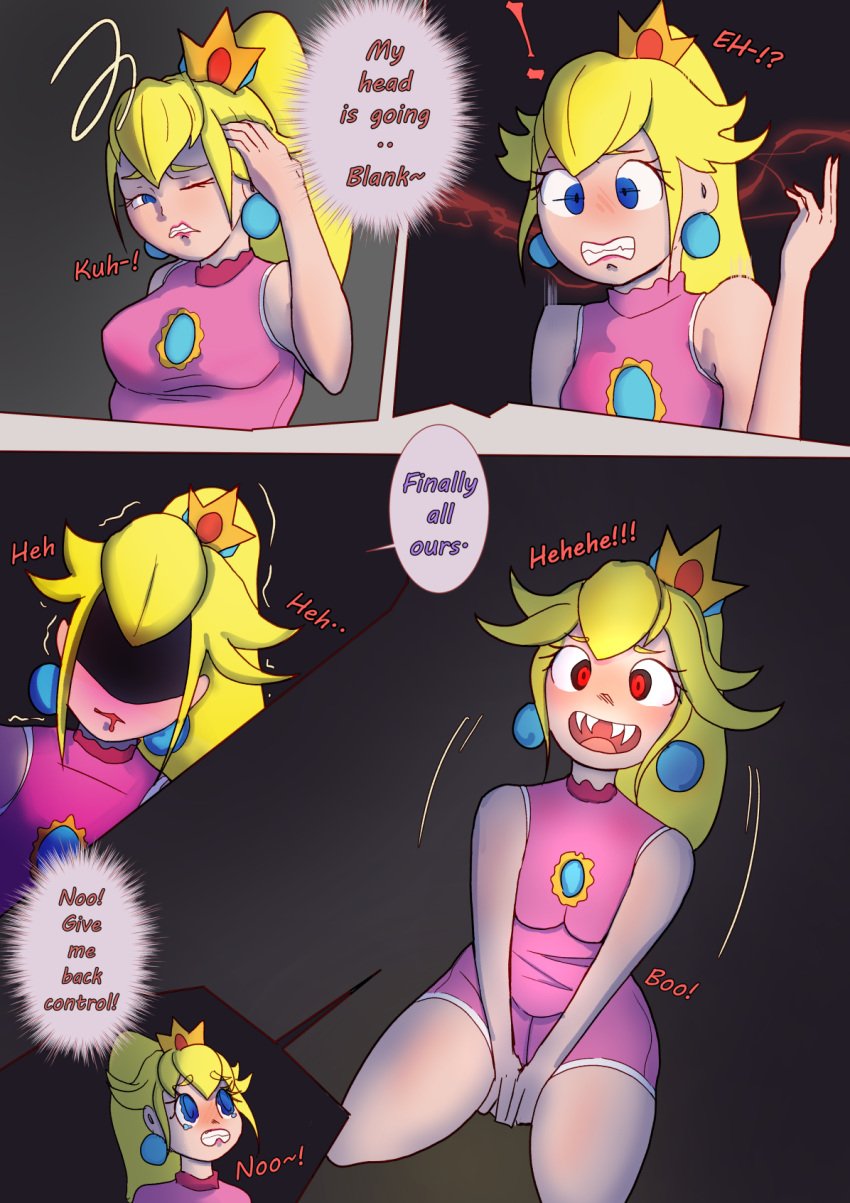 1girls blue_eyes body_invasion boo_(mario) comic comic_page creature_inside earrings ghost live_insertion living_insertion mario_(series) mario_hoops_3_on_3 mind_control pink_clothing possessed possession princess_peach purewatera tagme unwilling yellow_hair