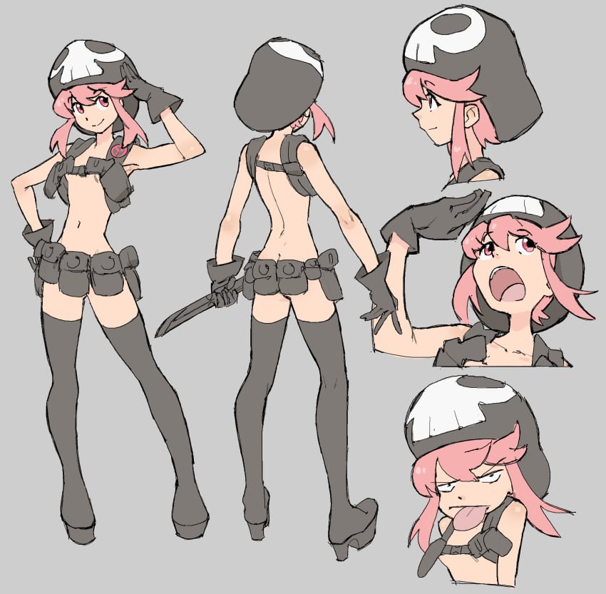 1girls functionally_nude hat jakuzure_nonon kill_la_kill knife multiple_views nudist_beach_uniform pantsu_ripper pink_eyes pink_hair smiling solo thighhighs tongue_out