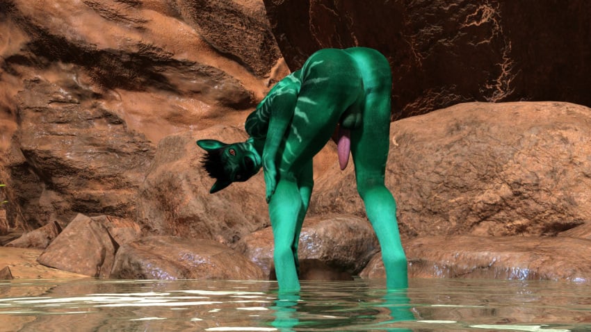 3d_(artwork) anthro ass backsack balls bent_legs bent_over black_hair black_nose canyon digital_media_(artwork) earthclan3d fur genitals green_balls green_body green_fur hair looking_at_viewer looking_back male outside penis pink_penis red_eyes solo standing standing_in_water striped_body striped_fur stripes wide_stance