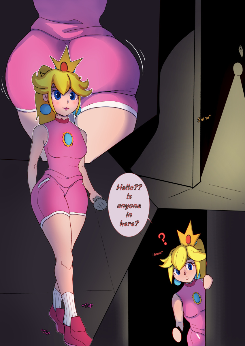 1girls blonde_hair blue_eyes boo_(mario) comic comic_page earrings femsub flashlight ghost mario_(series) mario_hoops_3_on_3 pink_clothing possessed possession princess_peach purewatera tagme yellow_hair