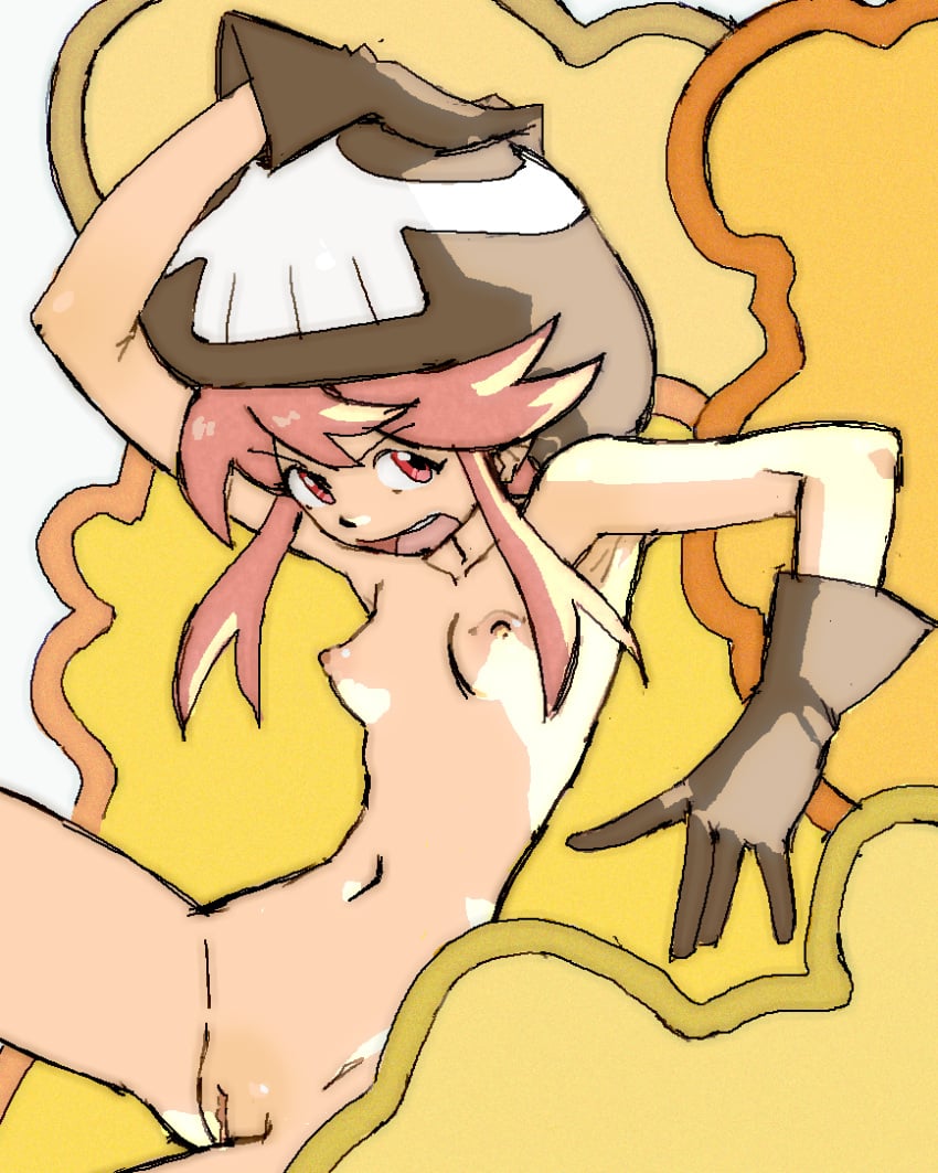 1girls abstract_background female female_only functionally_nude gloves hat jakuzure_nonon kill_la_kill looking_away nudist_beach_uniform pantsu_ripper pink_eyes pink_hair sitting solo