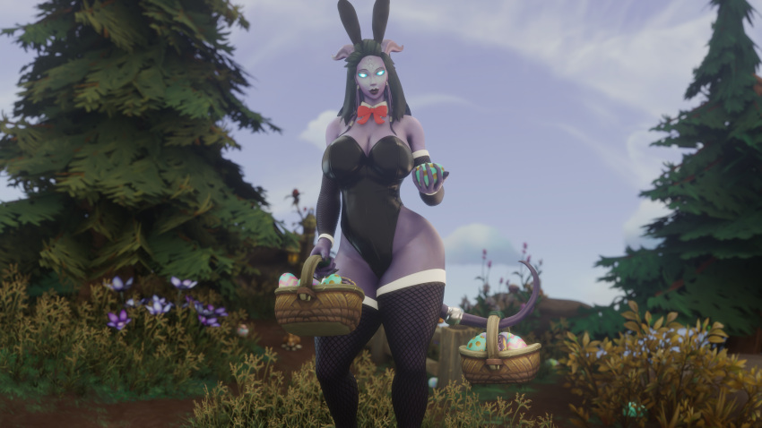 1girls 3d alliance_female big_ass big_breasts black_hair blizzard_entertainment bowtie breasts bunny_ears bunny_girl bunnysuit draenei easter_basket easter_egg female female_only fishnets hooves hourglass_figure keshina looking_at_partner milf morilymory oc original_character outside purple_skin standing tail thick_thighs warcraft world_of_warcraft