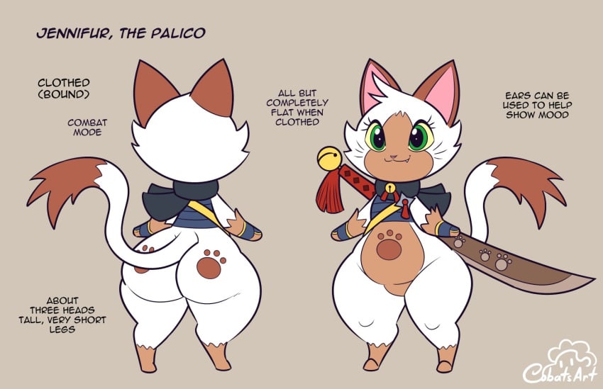 1female anthro ass character_sheet cobatsart english_text felid feline felyne female female_only fur furry grey_background hi_res jennifur_(cobatsart) monster_hunter palico smiling solo sword text thick_ass thick_thighs white_fur