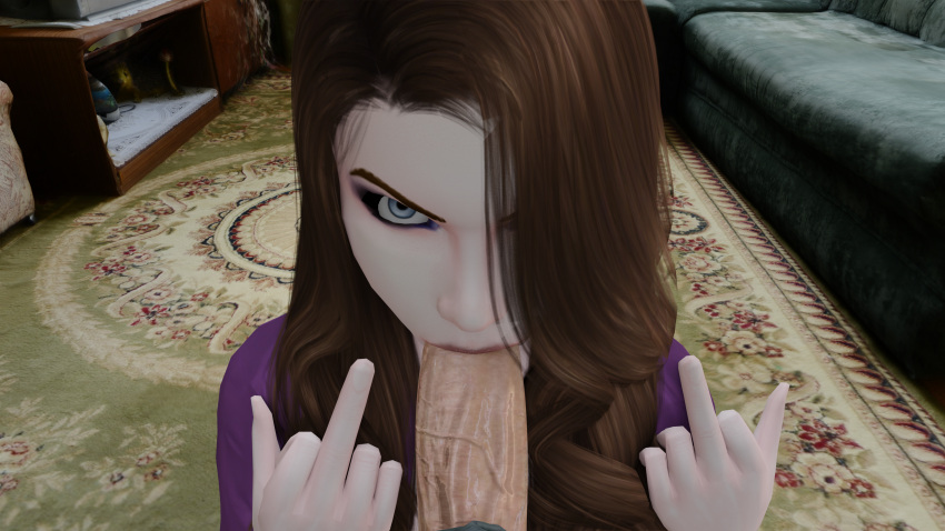 1boy1girl 3d angry_expression angry_fellatio brown_hair carpet cozy eye_shadow fellatio flipping_off hair_over_one_eye middle_finger original_character pale_skin sims4 veiny_penis wavy_hair