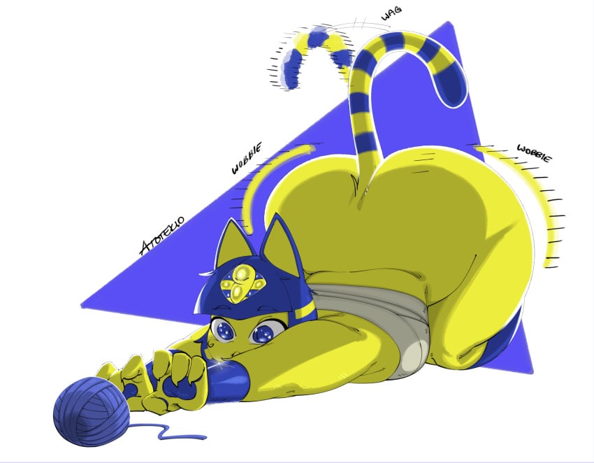 animal_crossing animal_humanoid ankha ass atotekio bottom_heavy cat_tail domestic_cat feline feline_humanoid furry huge_ass humanoid plump small_breasts tagme waving_tail wide_hips yarn yarn_ball yellow_body