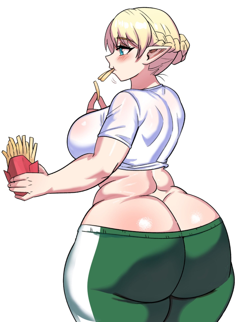 1girls ass ass_cleavage big_ass big_breasts blonde_hair breasts bubble_butt butt_crack clothing eating elf elf-san_wa_yaserarenai elf_female elfuda fat_ass female female_only food french_fries huge_ass large_ass see-through see-through_clothing solo thick_ass thick_thighs wet_clothes wide_hips ytrall