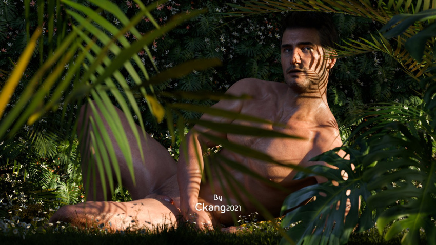 1boy 1human 3d 3d_(artwork) 3d_model blue_eyes brown_hair ckang2021 light-skinned_male light_skin male male_focus male_only muscular nathan_drake outdoor_nudity outdoors solo solo_focus solo_male uncharted uncharted_4