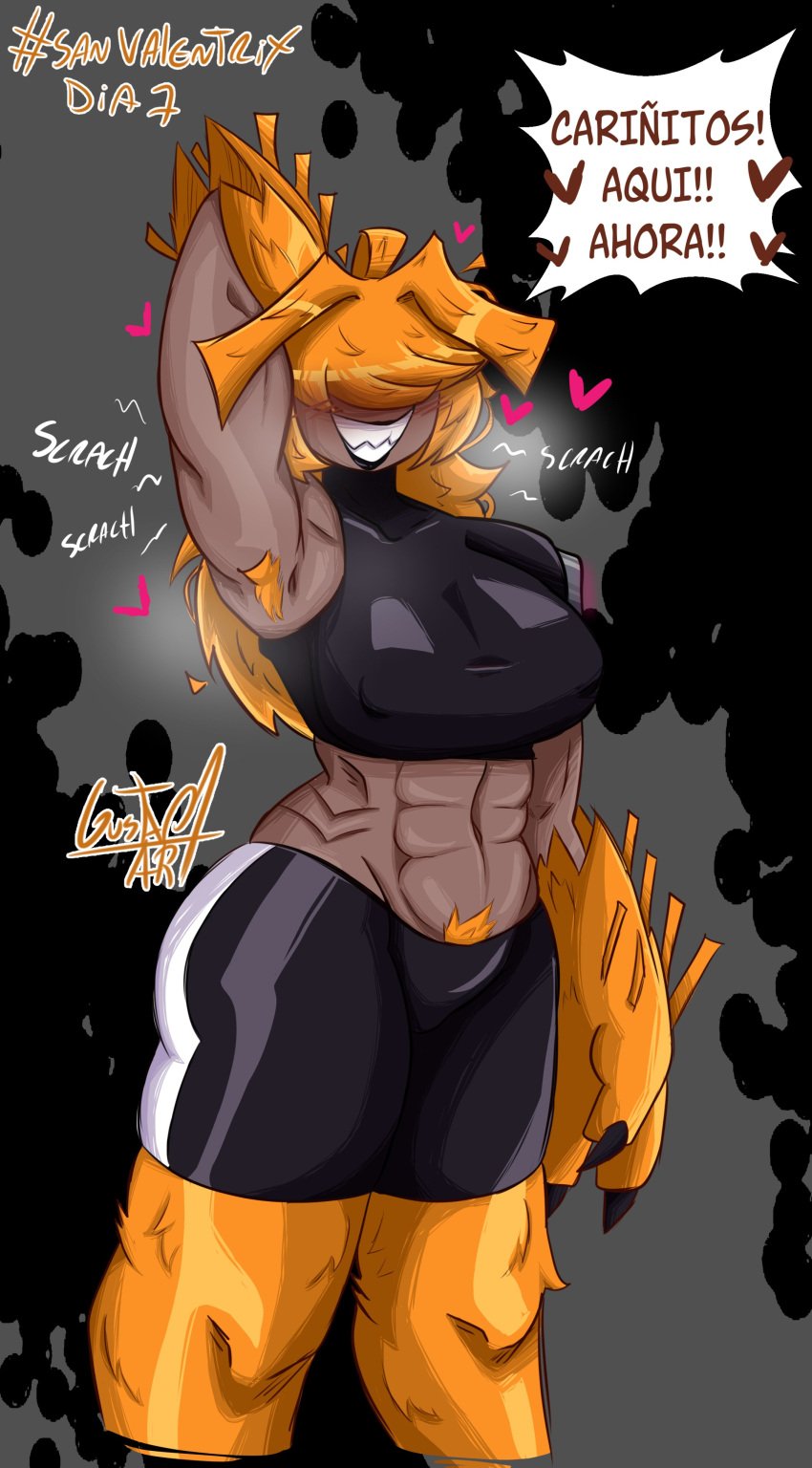 abs alien alien_girl arm_behind_head armpit armpit_hair bangs bangs_over_eyes ben_10 canine chaquetrix eyes_covered female female_only gustav01art muscular muscular_female orange_hair smiling solo solo_female text text_bubble vulpimancer wildmutt