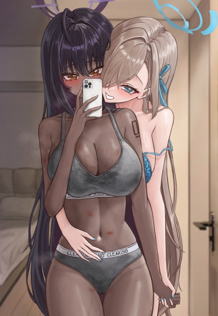 2girls absurdres asuna_(blue_archive) black_hair blue_archive blue_bra blue_eyes blue_halo blue_ribbon blush bra breasts cellphone cleaning_&_clearing_(blue_archive) cleavage dark-skinned_female dark_skin gluteal_fold grey_bra grey_panties grin hair_over_one_eye hair_ribbon halo highres holding holding_phone ilbanseomin indoors interracial iphone karin_(blue_archive) large_breasts light_brown_hair long_hair millennium_science_school_student multiple_girls panties phone purple_halo ribbon smartphones smile sports_bra underwear yellow_eyes yuri