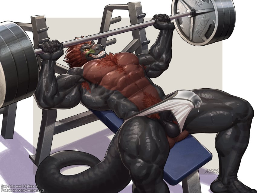 1boy abs amon-sydonai anthro balls bodily_fluids clothing dinosaur exercise genital_fluids genitals hi_res male male_only muscular muscular_anthro muscular_male pecs penis_through_underwear precum precum_through_clothing precum_through_underwear reptile scalie sharp_teeth solo sweat tagg tail teeth theropod tyrannosaurid tyrannosaurus tyrannosaurus_rex underwear weightlifting wet wet_clothing workout