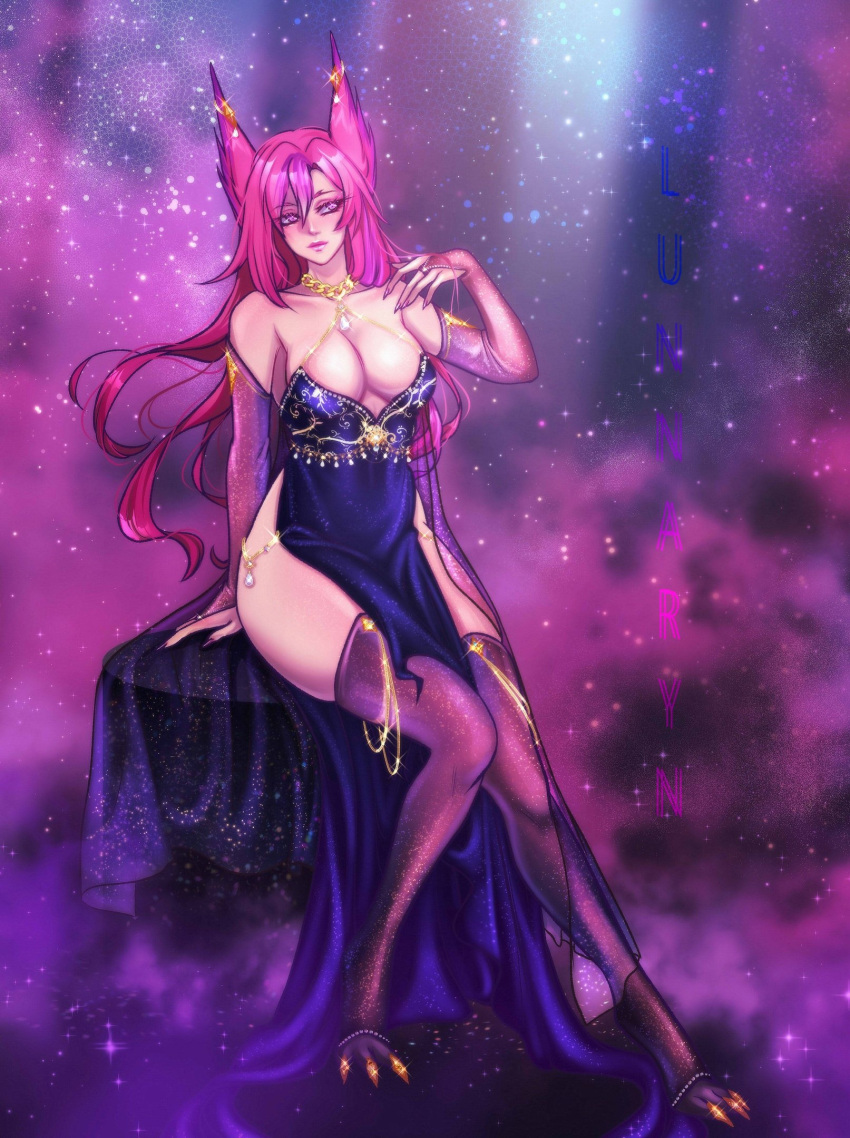 1girls animal_ears armwarmer armwear bare_shoulders big_breasts breasts claws cleavage curves curvy_figure dress female female_focus female_only hips league_of_legends looking_away looking_sideways lunnaryart necklace pink_eyes pink_hair posing stockings thick_thighs thighs thin_dress vastaya woman xayah