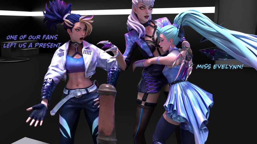 3d 3d_(artwork) 3girls akali blonde_hair blue_hair clothed clothes comic erevos evelynn female_only image_set jacket k/da_all_out_akali k/da_all_out_evelynn k/da_all_out_seraphine k/da_all_out_series league_of_legends league_of_legends:_wild_rift no_penetration seraphine_(league_of_legends) skirt teal_hair text two_tone_hair white_hair yellow_eyes