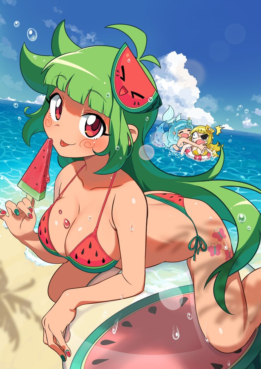 3girls ball beach beach_ball big_breasts bikini bra busty green_hair hair_ornament long_hair looking_at_viewer oregaihanboshi panties popsicle red_eyes seaside sitting_on_ball sitting_on_beachball sweat vannamelon vannamelon_(copyright) virtual_youtuber watermelon watermelon_beachball watermelon_bra