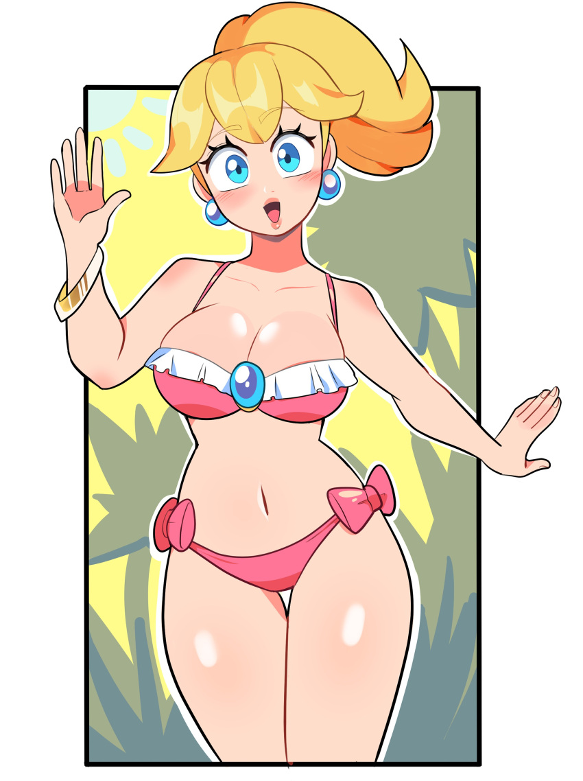 bbycheese blonde blue_eyes breasts female female_only mario_(series) nintendo open_mouth princess_peach solo swimsuit tagme