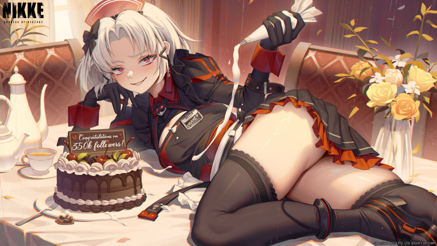 ass black_stockings cake cherry cleavage cream cream_on_body cream_on_face drake_(maid_for_villain)_(nikke) drake_(nikke) flowers fork goddess_of_victory:_nikke laying_on_side laying_on_table leaf98k maid maid_uniform milestone_celebration nametag on_table red_eyes shoes stockings tagme tea teacup text upskirt white_hair