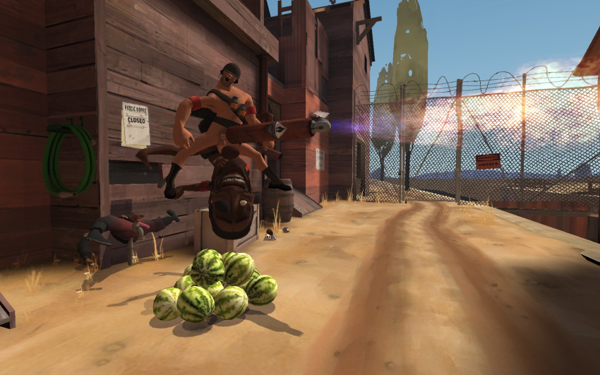 3boys 3d anal_penetration anal_sex bandolier cmnm coiled_hose dark-skinned_male demoman erection eye_patch fence garry's_mod gay grenades helmet_over_eyes male mostly_nude mouth_open penetration_through_clothes pyro pyro_(team_fortress_2) sitting_on_penis soldier soldier_(team_fortress_2) spread_legs team_fortress_2 through_wall watermelon yaoi