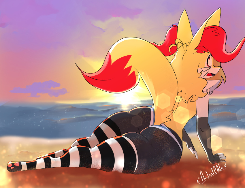 2022 ambiguous_gender anthro arm_warmers armwear ass astralc0de beach bottomwear braixen clothed clothing detailed_background digital_media_(artwork) generation_6_pokemon hi_res hotpants inner_ear_fluff legwear lens_flare looking_back nervous nintendo open_mouth partially_clothed pawpads paws pokemon pokemon_(species) raised_tail reflection sand sea shorts signature solo sunset tail thick_thighs thigh_highs tongue tuft water