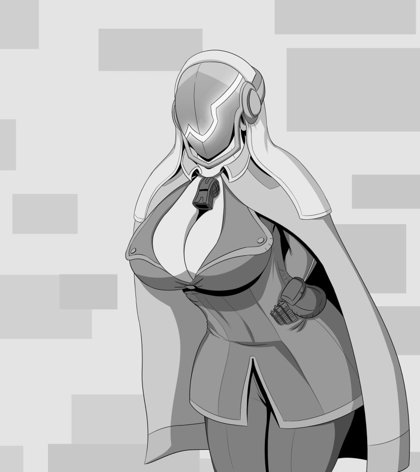 arms_behind_back big_breasts cleavage cloak female female_only fully_clothed headgear helmet made_in_abyss mask masked masked_female monochrome rimeyo smugbuns solo umbra_hands whistle_around_neck