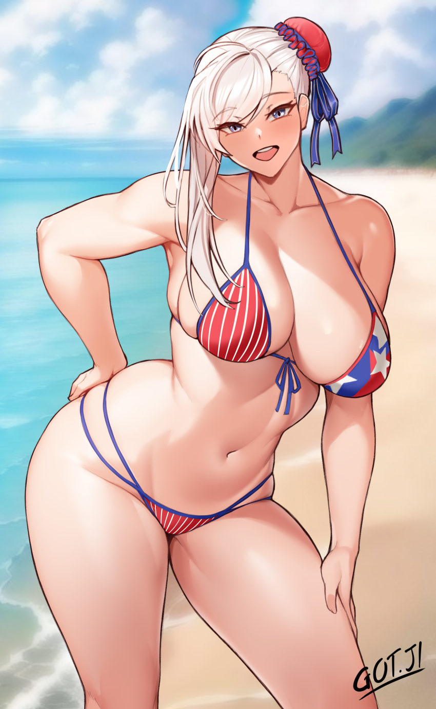 1girls american_flag_bikini beach big_breasts bikini bikini_bottom bikini_top blue_eyes bottomwear breasts cleavage fate/grand_order fate_(series) female female_only gojich1 hair hair_ornament hand_on_hip hand_on_thigh hips huge_breasts micro_bikini miyamoto_musashi_(fate) miyamoto_musashi_(swimsuit_berserker) smile solo solo_female solo_focus swimwear thighs topwear white_hair wide_hips