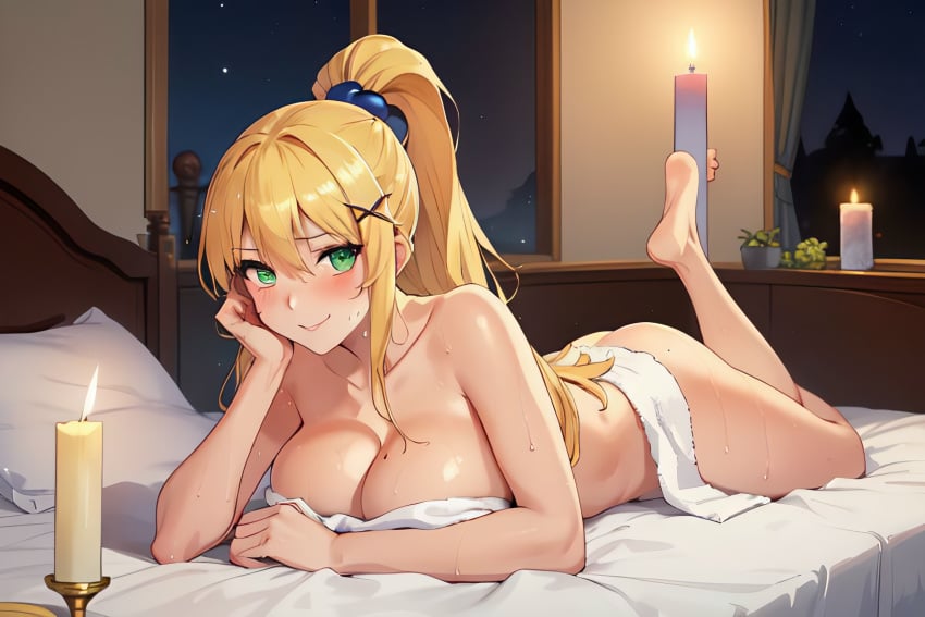 ai_generated big_breasts completely_nude darkness_(konosuba) female hot_spring kono_subarashii_sekai_ni_shukufuku_wo! konosuba nude seductive_smile sitting_on_bed solo towel towel_only water wet yellow_hair