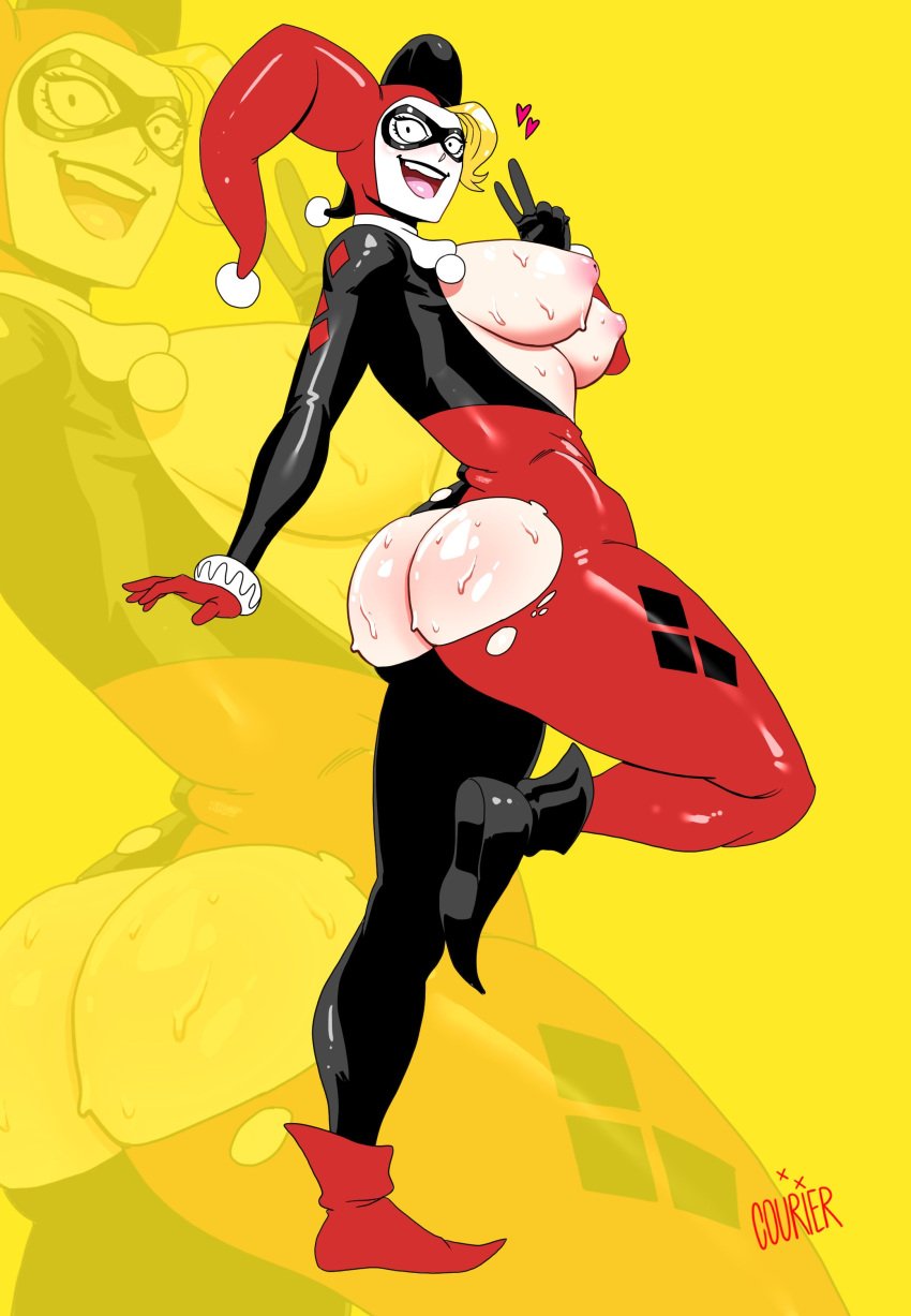 1girls areolae artist_name ass batman:_the_animated_series batman_(series) big_ass big_breasts black_eyes blonde_hair bodysuit breasts clothing courier_art dat_ass dc dc_comics dcau domino_mask exposed_breasts eyewear female female_only footwear full_body hair harley_quinn harley_quinn_(classic) headwear heart huge_breasts inverted_nipples looking_at_viewer looking_back nipples no_bra no_panties no_underwear peace_sign puffy_areolae ripped_bodysuit ripped_clothing solo solo_female sweat sweatdrop sweaty sweaty_breasts sweaty_butt thighs