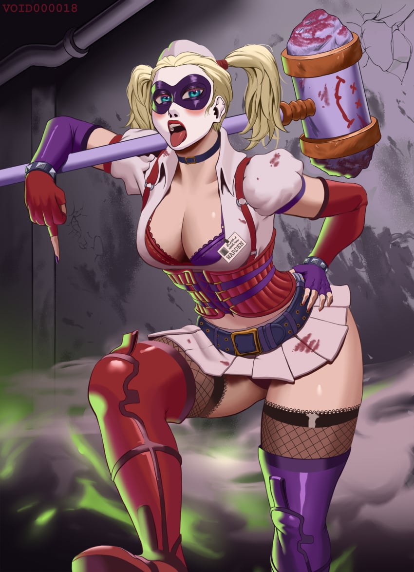 1girls alternate_version_available armwear batman:_arkham_asylum belt belt_buckle big_breasts blonde_hair blue_eyes bra breasts cleavage corset dc dc_comics domino_mask elbow_gloves eyewear female female_only fishnet_legwear fishnets gloves hammer hand_on_hip harley_quinn harley_quinn_(arkham) harley_quinn_(arkham_asylum) headwear huge_breasts lips nail_polish nails purple_gloves purple_nail_polish purple_nails red_gloves skirt solo solo_female spiked_bracelet thick_thighs thighhigh_boots thighhighs thighs tongue tongue_out twintails void000018 white_skirt