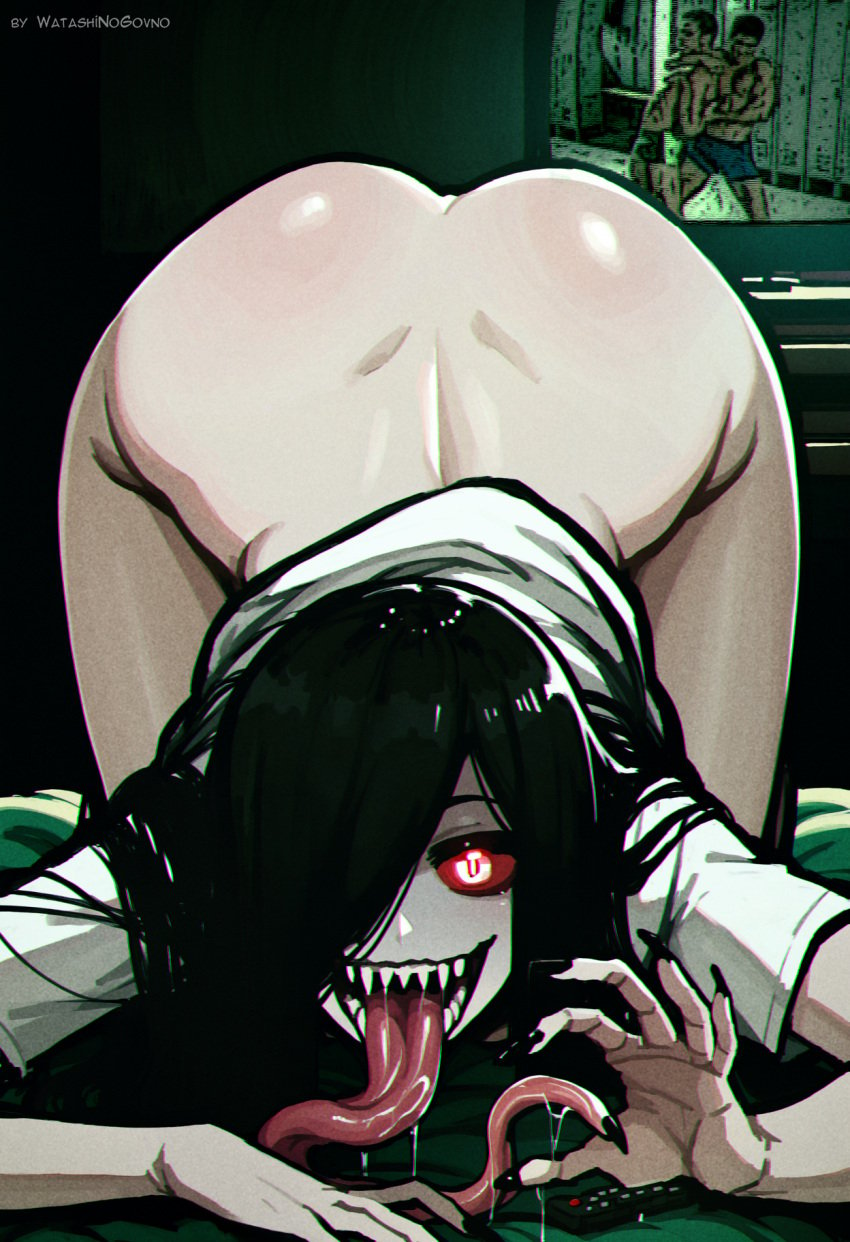 1girl 1girls 2d 2d_(artwork) ai_anatomy ai_generated all_fours artist_name ass ass_up bangs bed bent_over billy_herrington black_hair black_nails black_sclera bottomless bright_pupils clothes_lift colored_sclera colored_skin curtains drooling fangs fellatio fellatio_gesture female female_focus fingernails ghost glowing glowing_eyes grey_skin grin hair_between_eyes hair_over_one_eye horror_(theme) indoors licking long_bangs long_fingernails long_hair long_tongue looking_at_viewer meme monitor monster monster_girl nail_polish no_panties no_pants one_eye_covered open_mouth oral oral_invitation pale_skin patreon_username presenting red_eyes remote_control saliva saliva_trail sharp_fingernails sharp_teeth shiny shiny_hair shiny_skin shirt short_sleeves smile solo solo_female solo_focus teeth television the_ring thick_thighs thighs tongue tongue_out top-down_bottom-up twitter_username van_darkholme very_long_hair watashinogovno white_pupils white_shirt yamamura_sadako