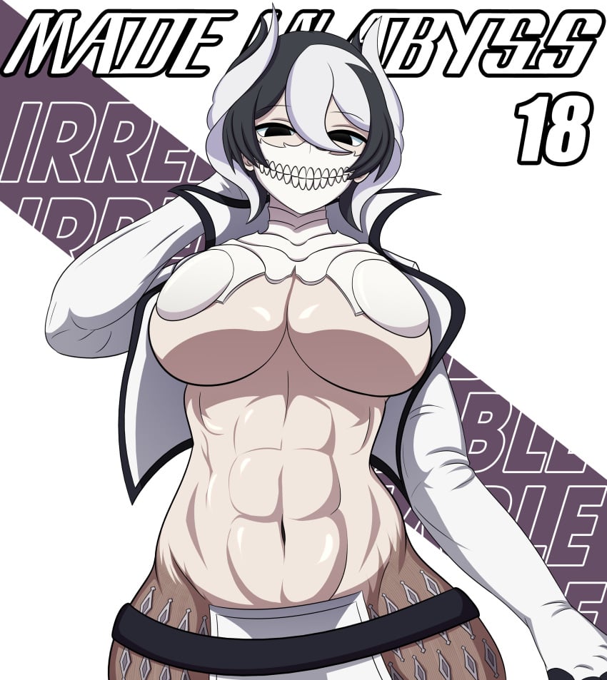 abs arrancar big_breasts black_and_white_hair black_eyes bleach body_markings cosplay cropped_jacket crossover espada female female_only hair_between_eyes looking_at_viewer made_in_abyss mask mouth_mask open_jacket ozen pale-skinned_female pale_skin short_hair smugbuns solo tia_harribel_(cosplay) toned toned_female two_tone_hair underboob