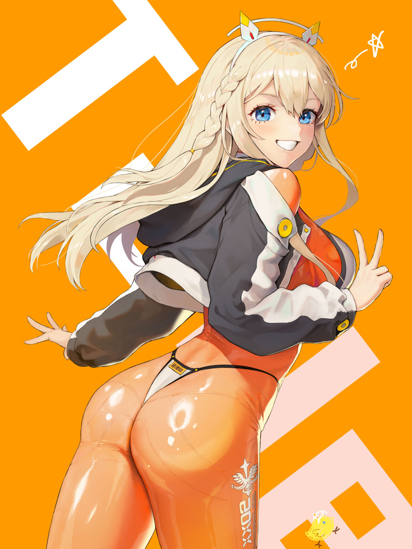 1girls ass ass_focus blonde_hair blue_eyes bodysuit braid female_only fully_clothed goddess_of_victory:_nikke grin long_hair peace_sign thong tight_clothing tove_(nikke) wedgie