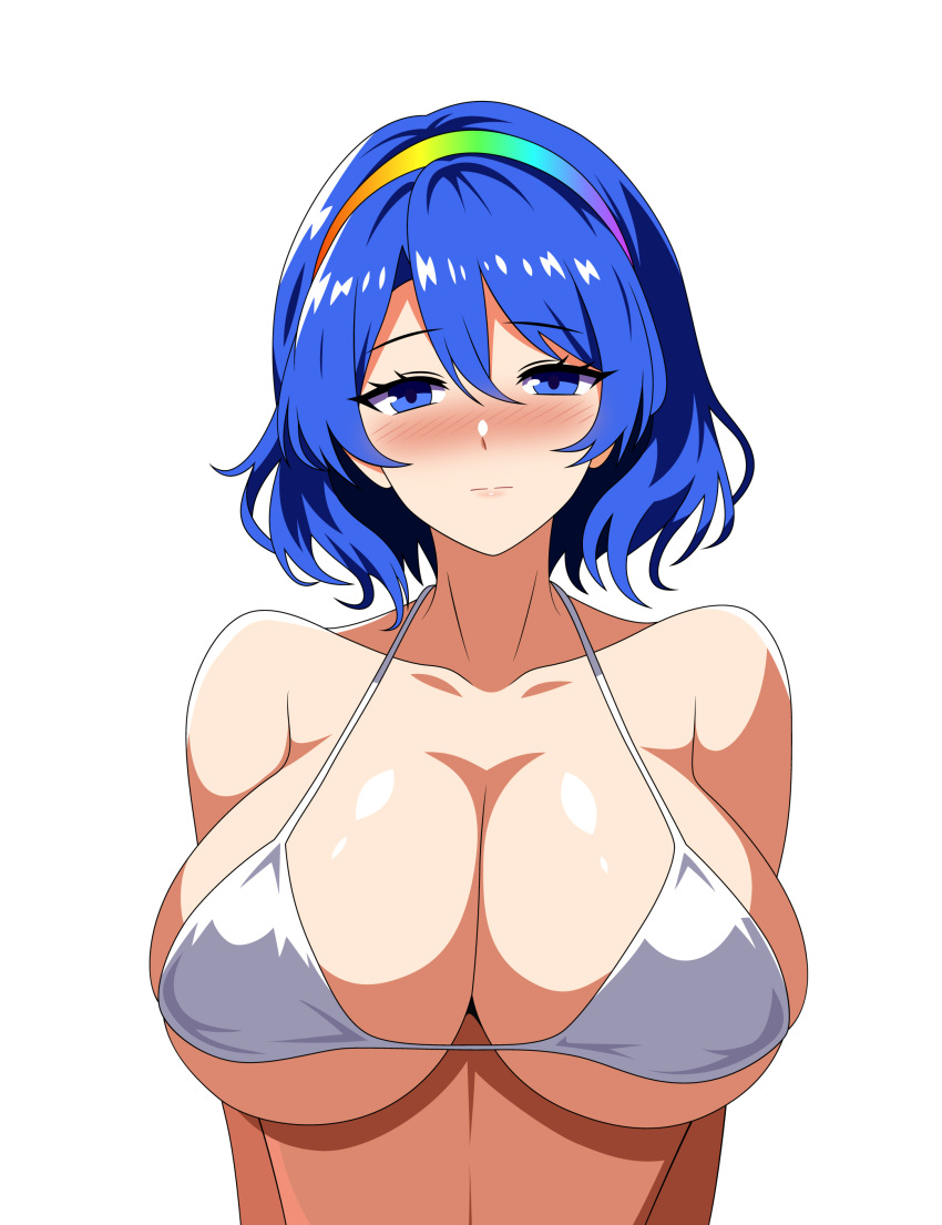 1girls 2d bare_shoulders big_breasts bikini bikini_top blue_eyes blue_hair blush breasts chimata_tenkyuu cleavage female goddess hair_ornament light-skinned_female light_skin looking_at_viewer pale-skinned_female pale_skin shiny_hair shiny_skin simple_background solo source ssaf ssaf52913778 standing swimsuit tenkyuu_chimata touhou white_background white_bikini white_bikini_top