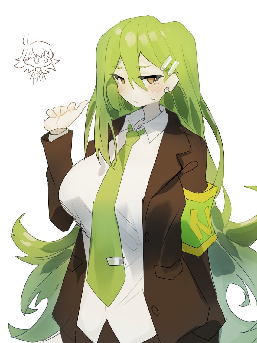 1girls 2020 big_breasts blush clothing green_hair hod_(lobotomy_corporation) lobotomy_corporation long_hair netzach netzach_(project_moon) office_clothing office_lady project_moon rule_63 standing sweatdrop tie very_long_hair yellow_eyes