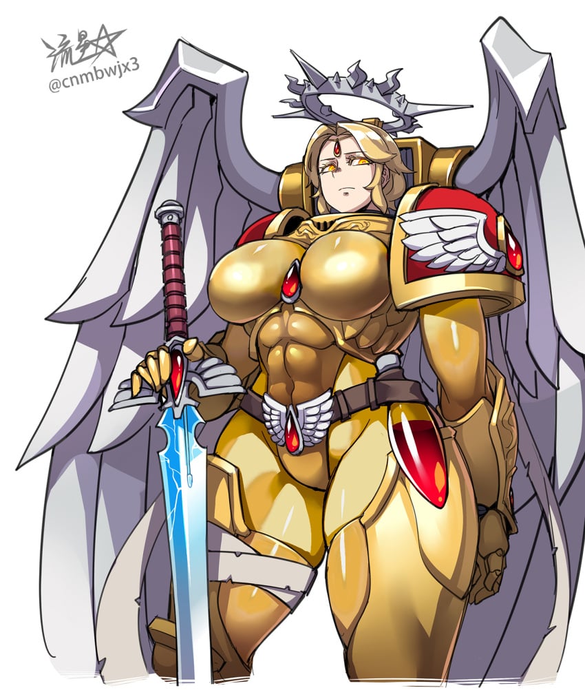 angel angel_wings armor armored_female big_breasts blonde_hair blood_angels cnmbwjx front_view halo imperium_of_man large_thighs power_armor primarch rule_63 sanguinius_(warhammer_40k) standing sword warhammer_(franchise) warhammer_40k white_background wings yellow_eyes