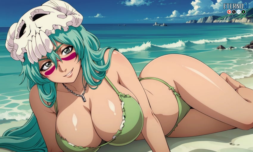 1girls adapted_costume ai_generated alternate_costume barefoot beach big_breasts bikini bikini_bottom bikini_top bleach bleach:_the_thousand-year_blood_war bleach_brave_souls breasts busty cleavage curvaceous deviantart_username eternoai facepaint feet feet_out_of_frame female female_only green_hair happy happy_female helmet jewelry lying_on_side necklace nelliel_tu_odelschwanck nipples ocean on_side palm_tree patreon_username pixiv_username ponytail revealing_clothes seaside solo_focus swimsuit tied_hair twitter_username url voluptuous water watermark web_address wide_hips