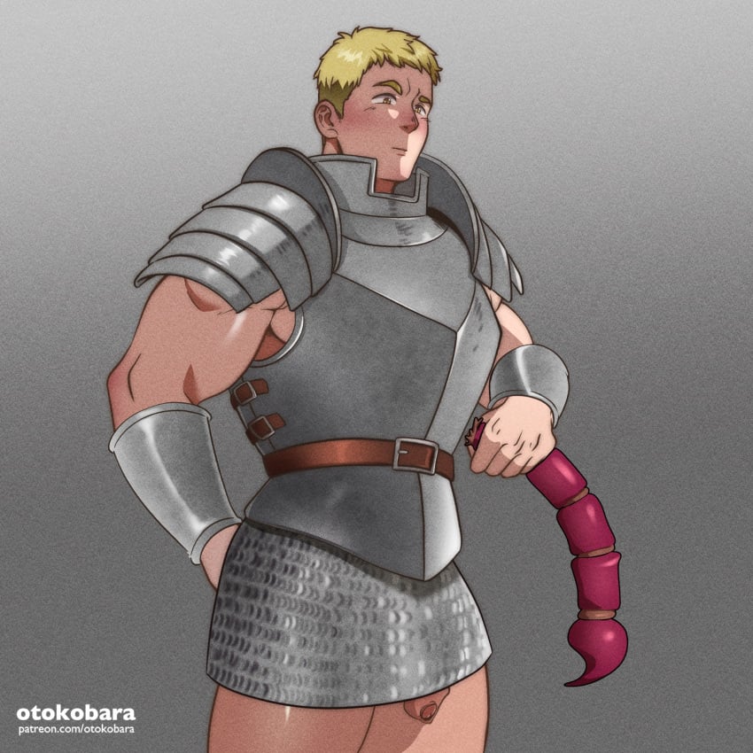 1boy armor bara belt blonde_hair blush chainmail dungeon_meshi foreskin highres laios_touden male male_focus male_only muscular muscular_male naked_armor otokobara pectorals penis penis_peek penis_under_skirt plate_armor short_hair sidepec solo solo_male thick_eyebrows thighs uncut