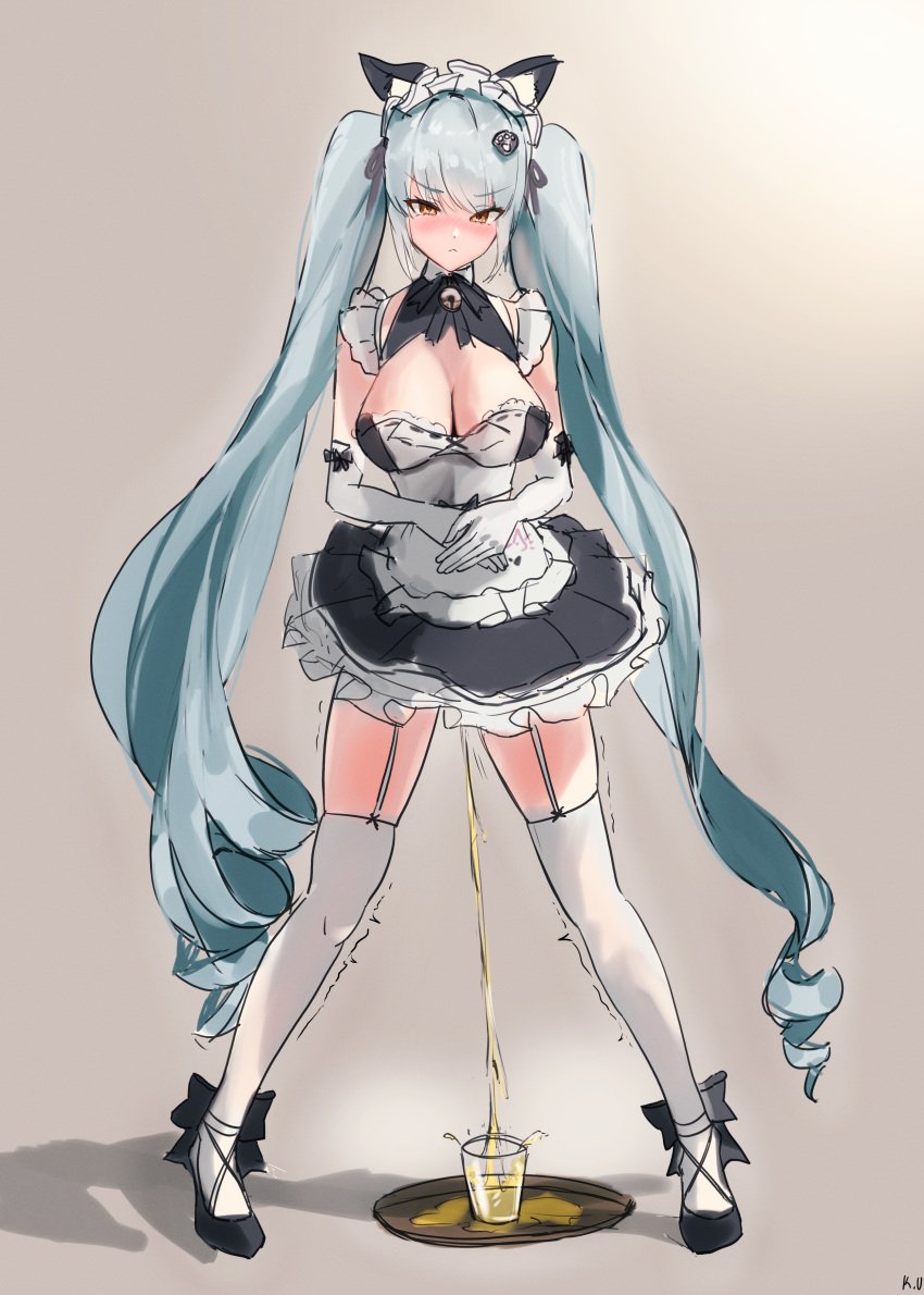 1girls blue_hair blush cat_ears cleavage female_only fully_clothed goddess_of_victory:_nikke large_breasts maid maid_headdress maid_uniform pee peeing peeing_in_cup peeing_self privaty_(nikke) privaty_(unkind_maid)_(nikke) standing_pee twintails urination urine white_background yellow_eyes