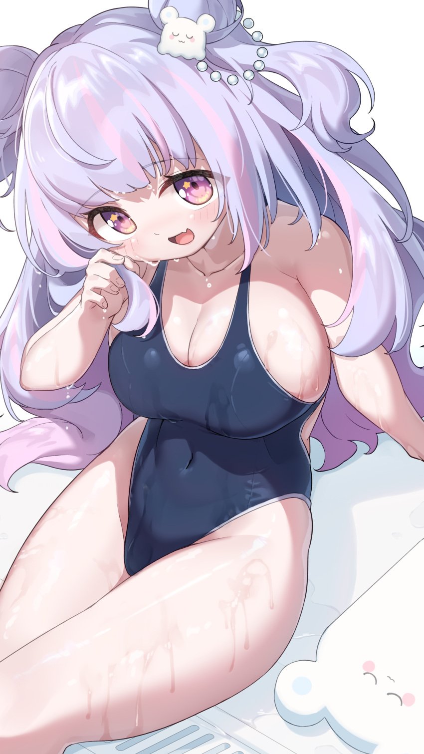 ameru_hoshifuru arm_support board cute large_breasts one-piece_swimsuit school_swimsuit skin_fang star_(symbol) swimming_pool swimsuit thighs virtual_youtuber wet wet_skin