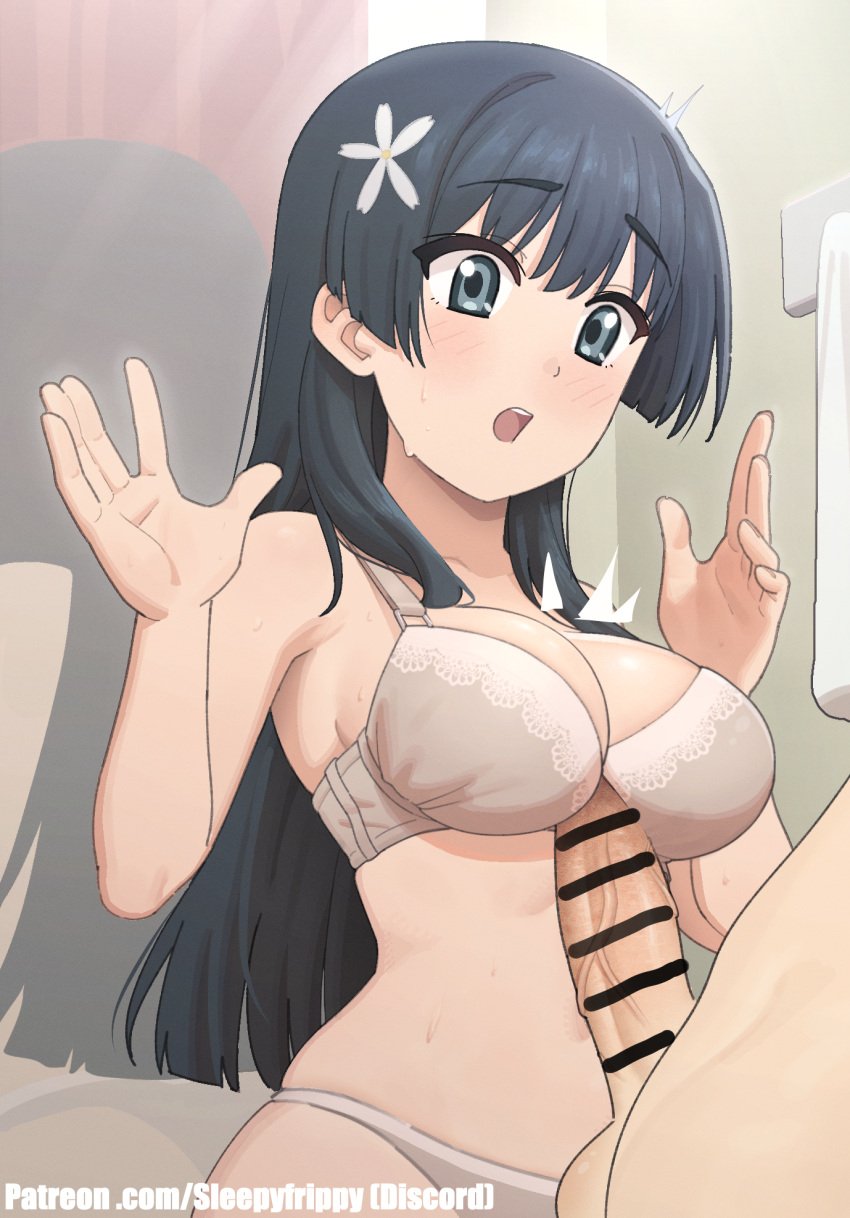 1futa 1girls :o balls bangs bar_censor big_breasts big_penis black_hair blue_eyes bottomless bra breasts censored clothed clothing dressing_room duo english_commentary english_text erection female female_focus frip futa_on_female futanari grey_bra grey_panties hands_up highres human indoors large_breasts light-skinned_female light-skinned_futanari light_skin long_hair mostly_nude navel open_mouth paid_reward_available paizuri panties patreon_username penis penis_to_breast saten_ruiko sleepy_frippy solo_focus speech_bubble to_aru_kagaku_no_railgun to_aru_majutsu_no_index uiharu_kazari underwear underwear_only