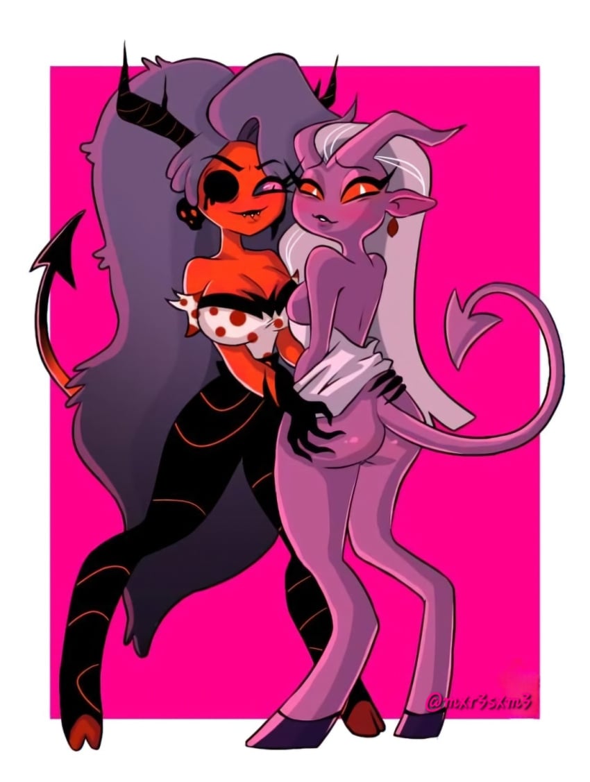 2demons 2girls ass ass_grab big_breasts blushing breasts cleavage cloven_hooves demon demon_girl demon_horns demon_martha_(helluva_boss) demon_tail female female_only grey_hair helluva_boss long_hair martha_(helluva_boss) mayberry_(helluva_boss) mxr35xm3 purple_skin red_skin sideboob source_request towel towel_lift vivienne_medrano white_hair yuri