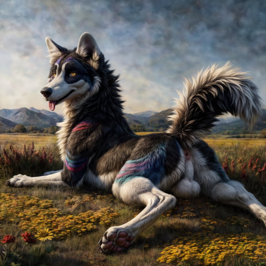 absurd_res ai_generated anus ass balls black_body black_claws black_fur black_nose blp blue_body blue_fur canid canine canis cheek_tuft chest_tuft claws detailed detailed_background detailed_fur domestic_dog ears_up facial_tuft feral field flower fur genitals grass hi_res husky hybrid inner_ear_fluff laying looking_at_viewer looking_back looking_back_at_viewer lying male mammal mountains multicolored_body multicolored_fur nordic_sled_dog on_front on_grass outside pawpads paws perineum pink_anus pink_pawpads plant pupils purple_body purple_fur raised_tail red_body red_fur siberian_husky sky slit_pupils smile solo sparkledog spitz sploot star starry_sky striped_body striped_fur stripes tail_aside three-quarter_view tongue tongue_out tuft whiskers white_balls white_body white_fur white_perineum yellow_eyes