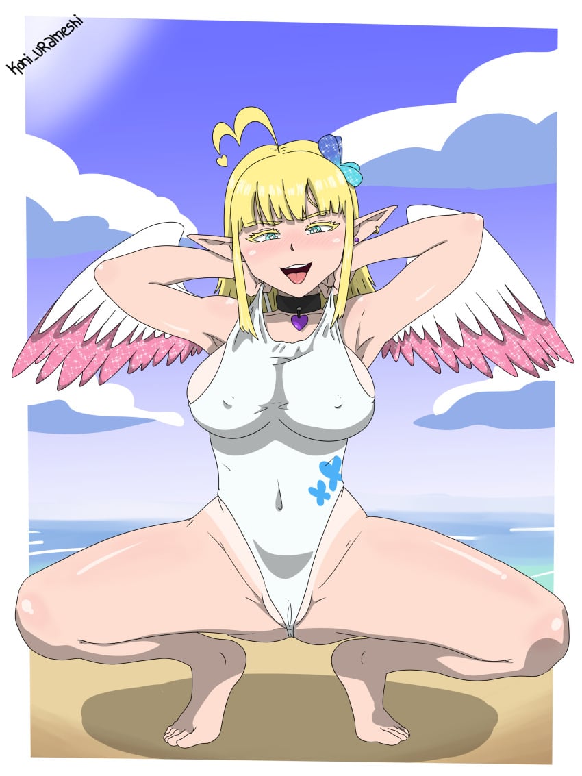 adarablekitten angel angel_wings ari_kazumi barefoot big_breasts blonde_hair butterfly_hair_ornament collar heart-shaped_pupils indie_virtual_youtuber koni_urameshi nipples_visible_through_clothing one-piece_swimsuit open_mouth squatting twitch virtual_youtuber vtuber youtube